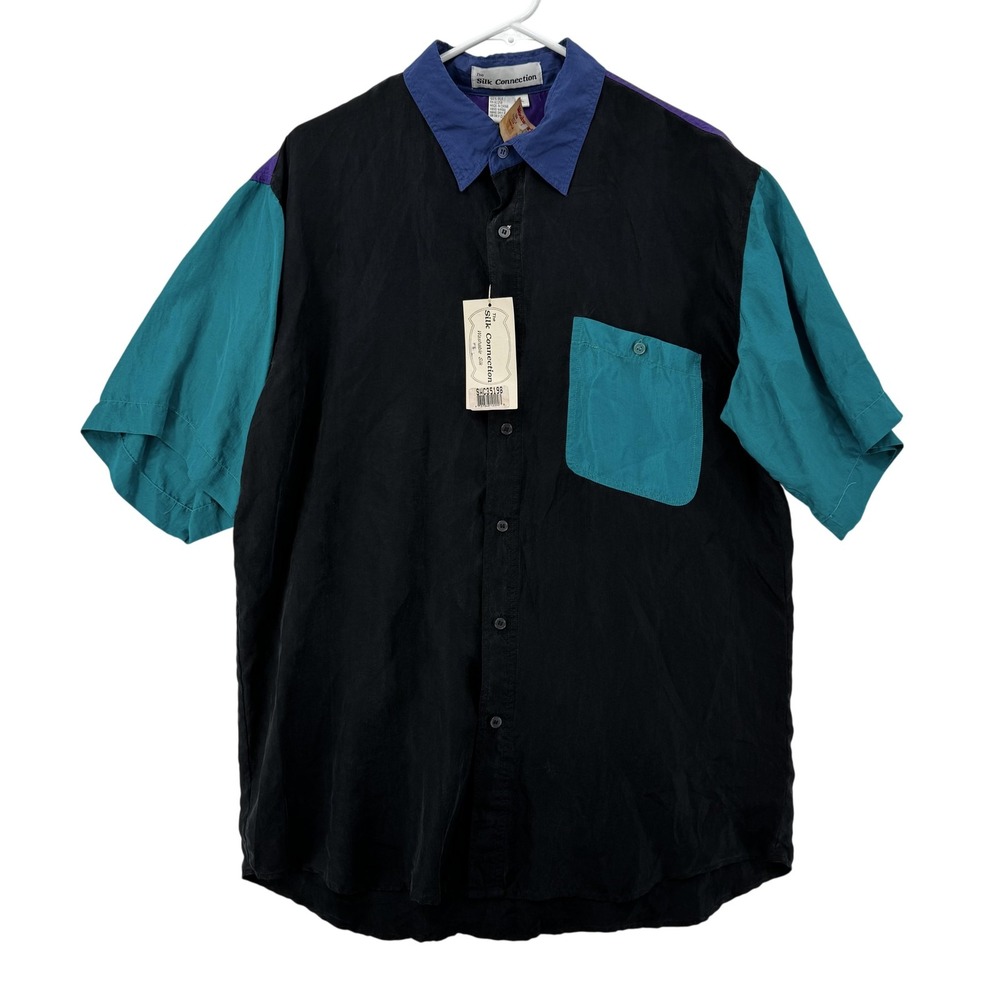 Vintage Silk Connection Shirt Mens Large Button Up Silk Colorblock 90s Disco NWT